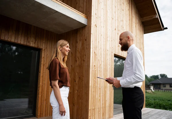 Rénovation de l’extérieur d’une maison : 7 étapes pour réussir 3 Un homme et une femme se tiennent devant une maison en bois, illustrant la rénovation de l'extérieur d'une maison.