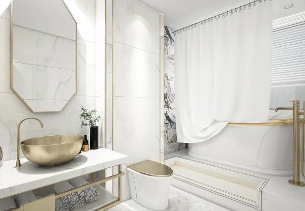 Salle de bain moderne avec des accents dorés et un revêtement en marbre, évoquant une ambiance élégante et raffinée.