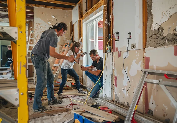 Dois hommes y une femme travaillent sur une maison dans une zone de construction, représentant un entrepreneur en rénovation résidentielle.