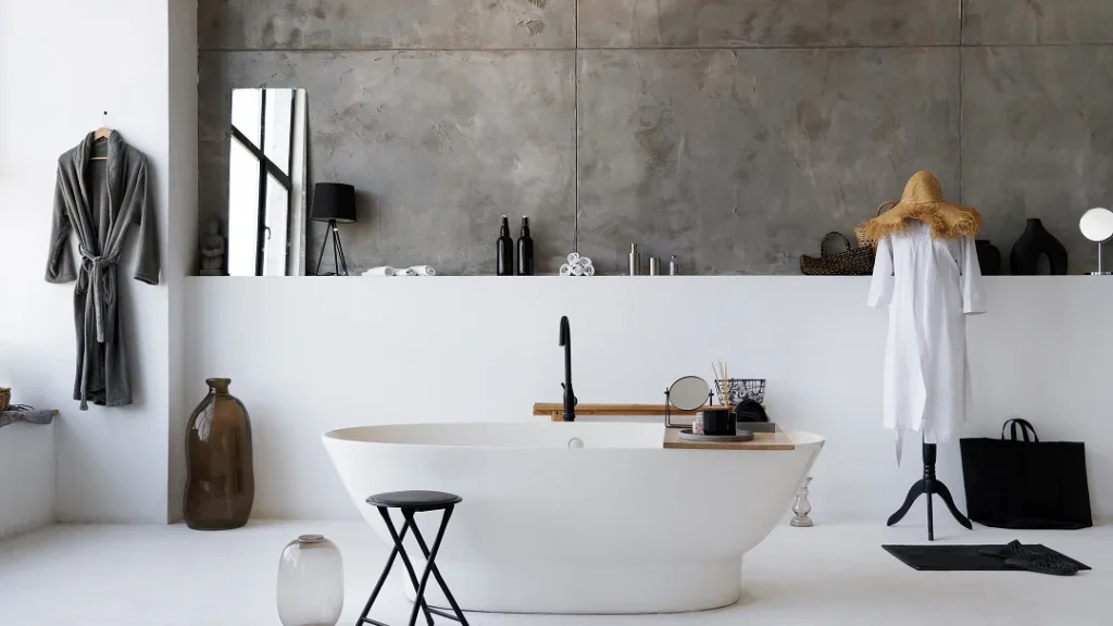 Salle de bain avec une baignoire blanche et une chaise en bois, évoquant un projet de rénovation.