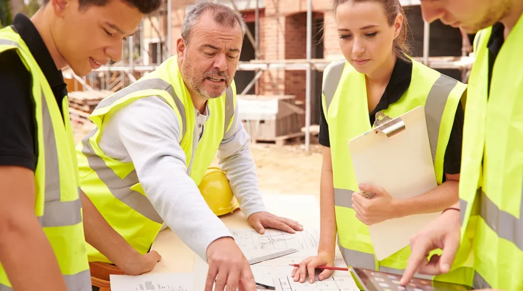 Un groupe de personnes en gilets de sécurité examine des plans de construction sur un chantier.