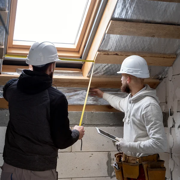 Deux hommes en casques mesurent le toit d'une maison, représentant un entrepreneur général en action.